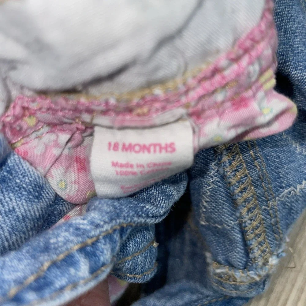 OshKosh B'gosh‎ Girls 18 Month's Denim Bib Overall Dress Ruffled Floral Cotton